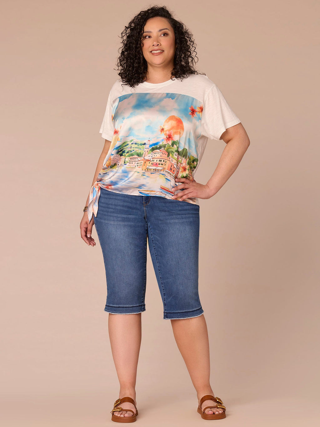 Elbow Sleeve Scoop Neck Side Tie Placement Print Plus Size Knit Top