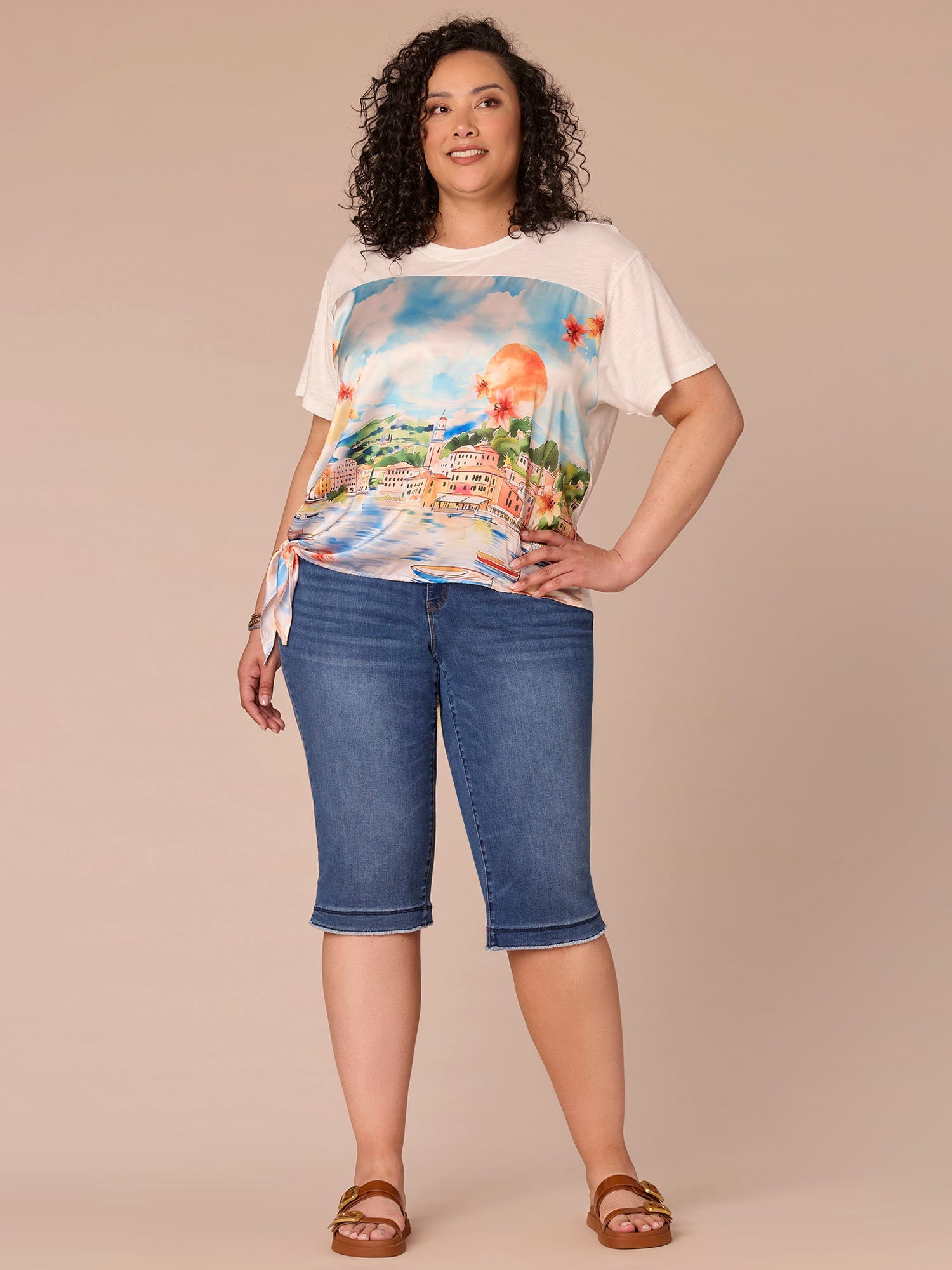 Elbow Sleeve Scoop Neck Side Tie Placement Print Plus Size Knit Top